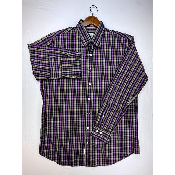 Peter Millar Plaid Button Up Shirt Long Sleeve, Purple Black Plaid, Sz L - Picture 1 of 6